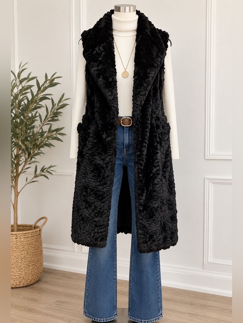 NWT Steve Madden Faux Fur Duster Vest One Size Black Long Vest Pockets Boho